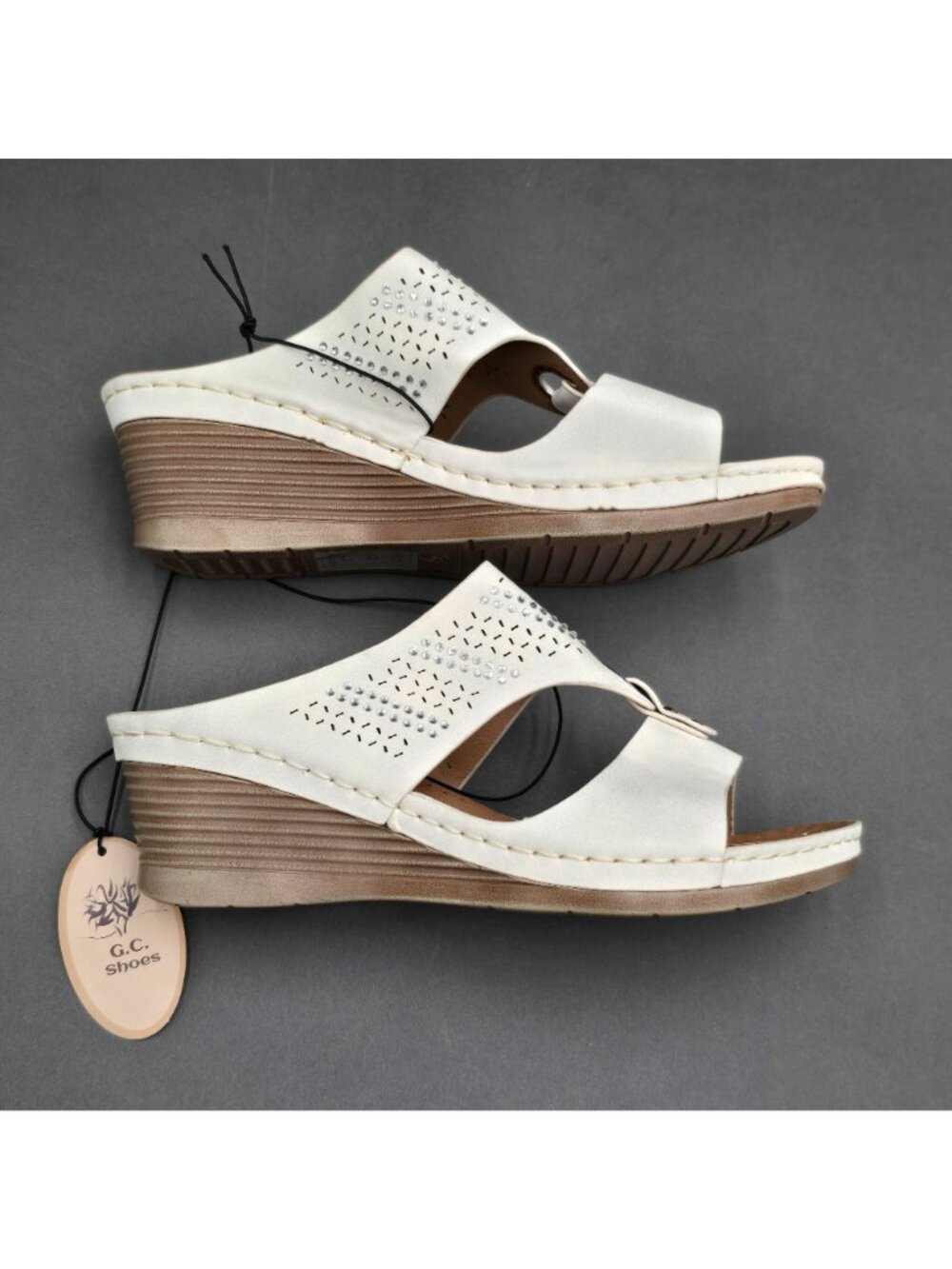 G.C. Shoes Marbella Wedge Sandals Size 7.5 White Rhinestone Studded Slides - Picture 4 of 9